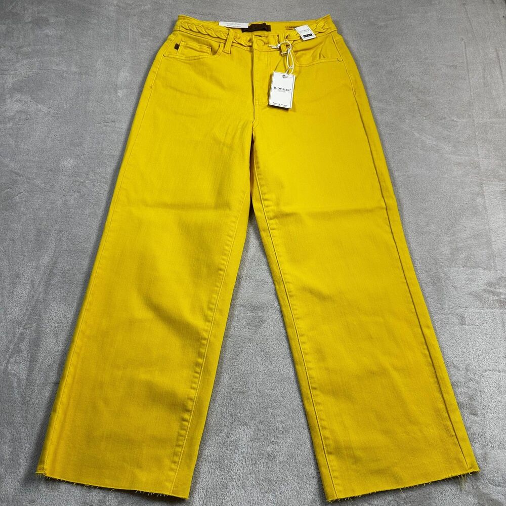 NWT Judy Blue Mustard Yellow Braided Waist Wide Leg Jeans High Rise Cropped 5/27